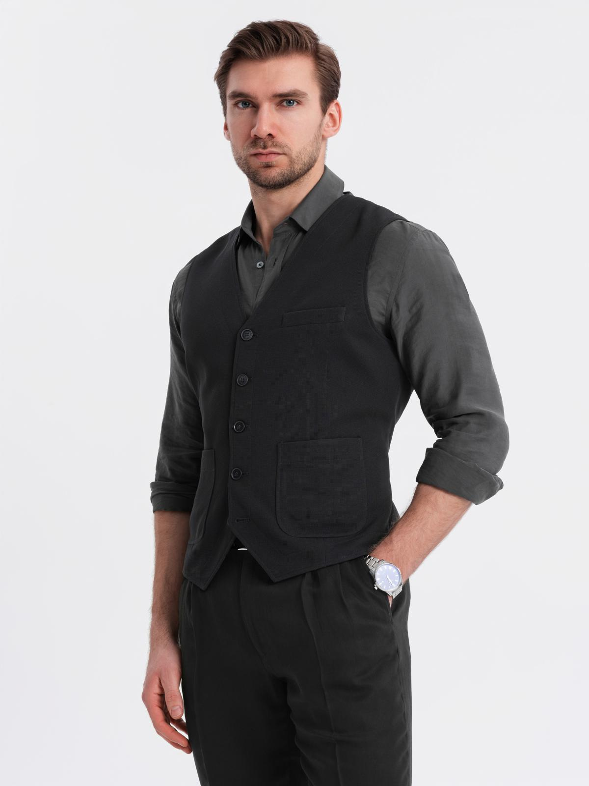 Ombre Fitted structured men&#039;s vest with patch pockets - black