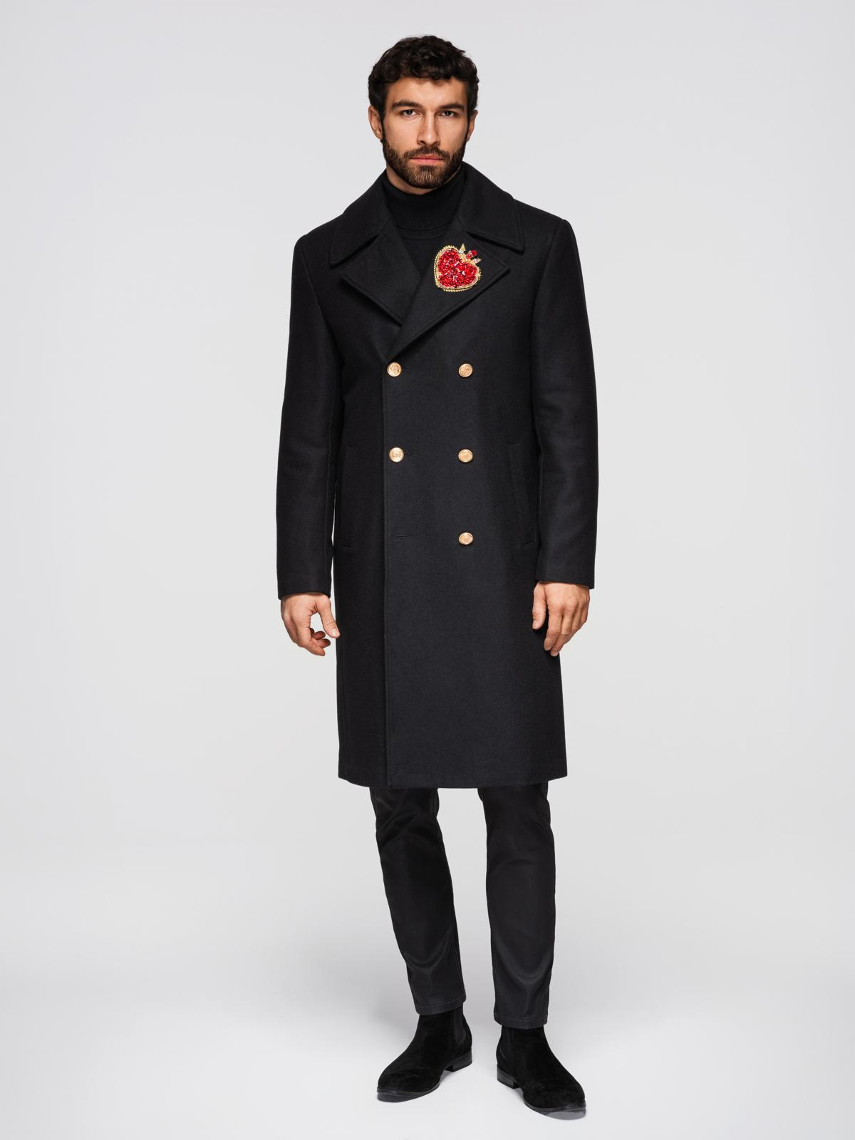 Ombre Men's double-breasted wool coat with decorative appliqués - black