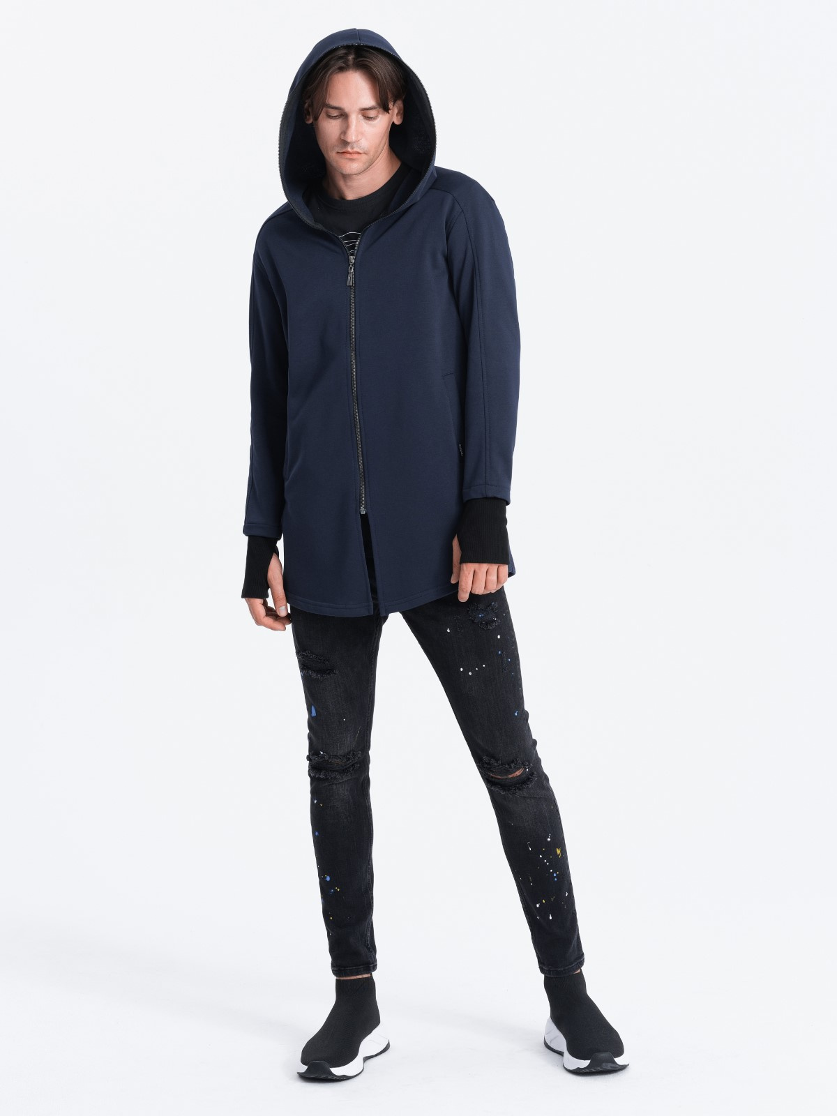 Ombre Longer men's unbuttoned sweatshirt with spacious hood PRAGA