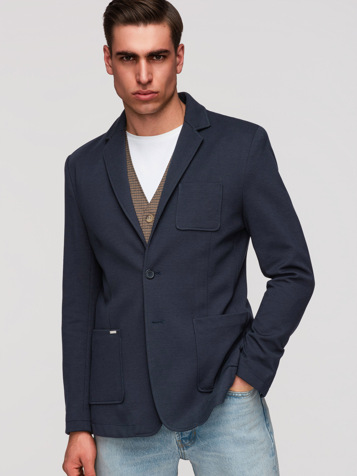 Ombre Men's SLIM knit jacket with subtle texture - navy blue