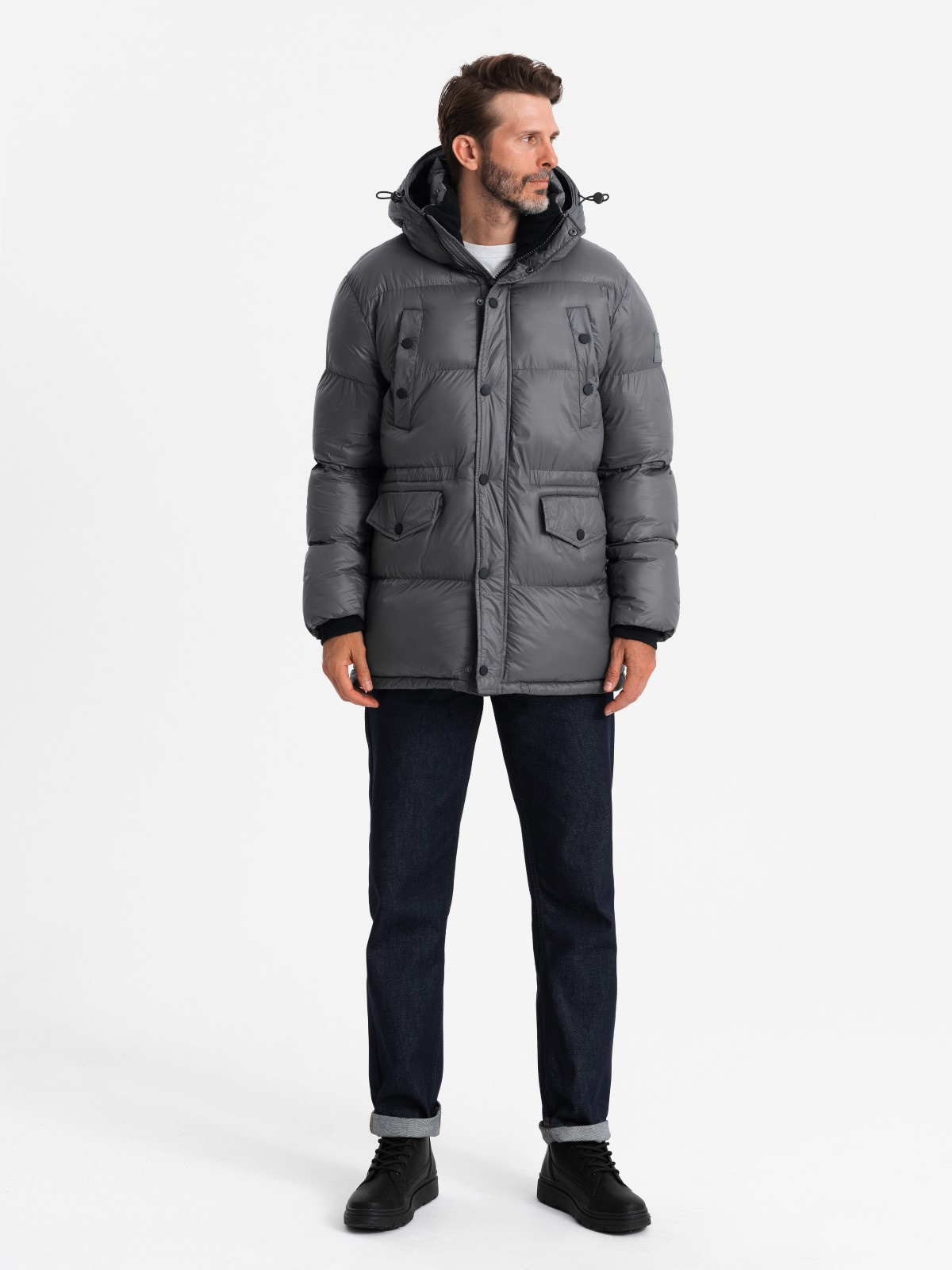 Ombre Men&#039;s long puffer jacket with snap pockets - graphite