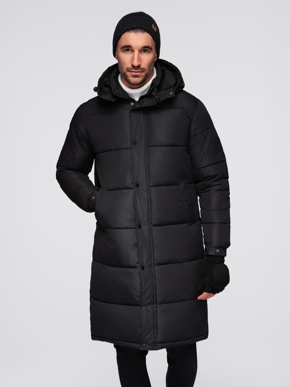 Ombre Men&#039;s quilted long jacket with detachable hood - black