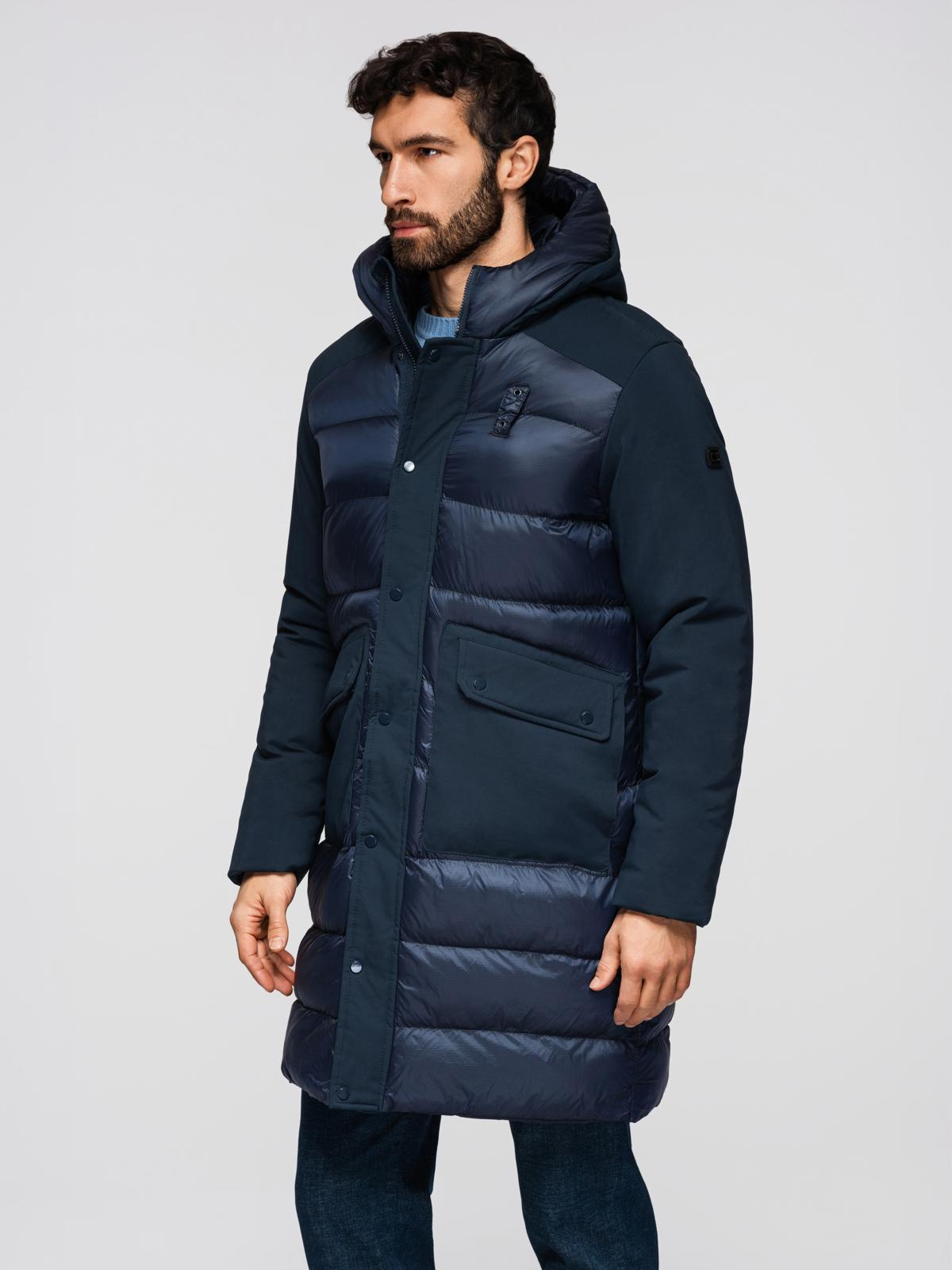 Ombre Men's quilted long jacket with large pockets - navy blue