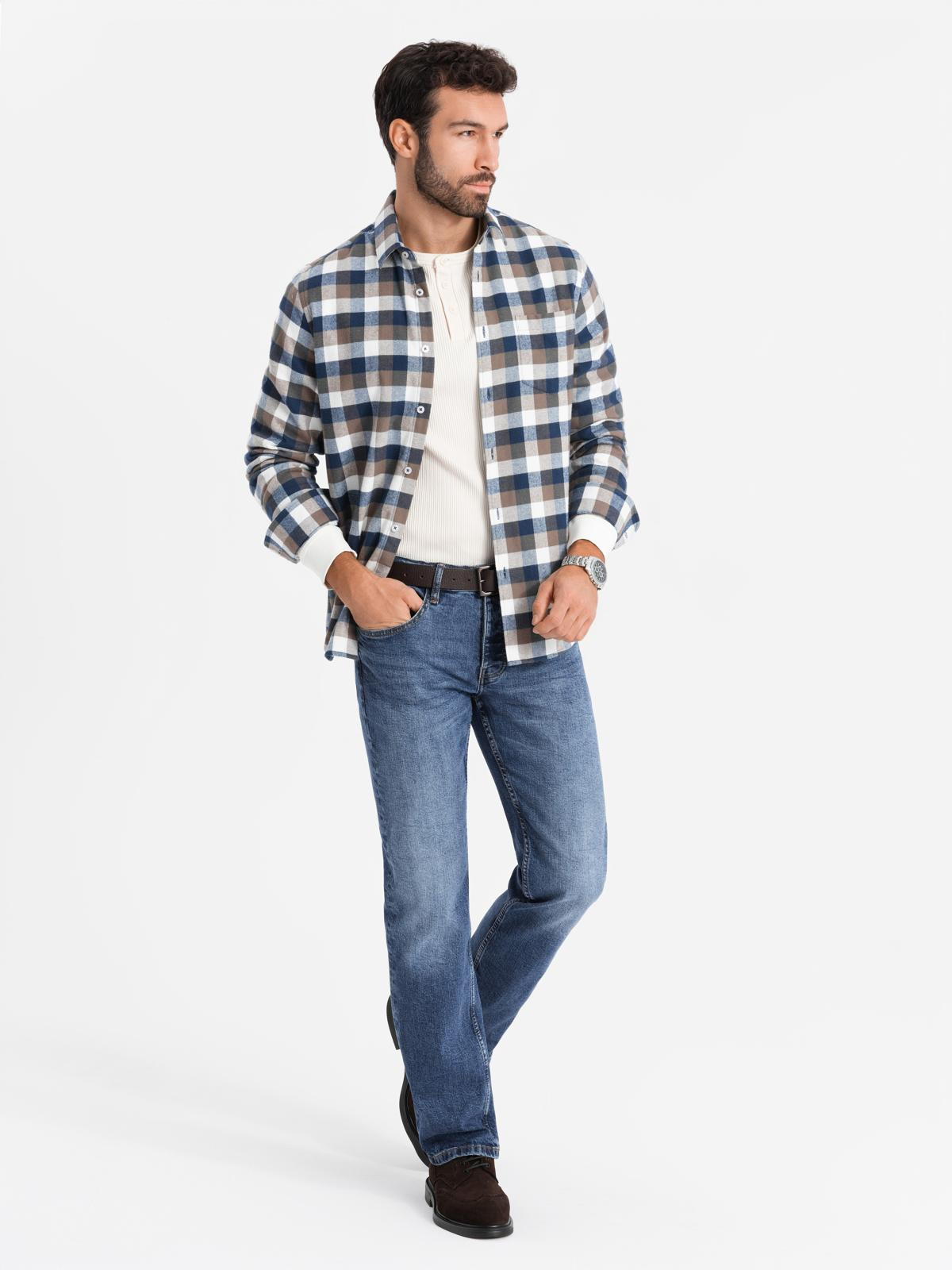 Ombre Classic men's flannel check cotton shirt - brown and navy blue