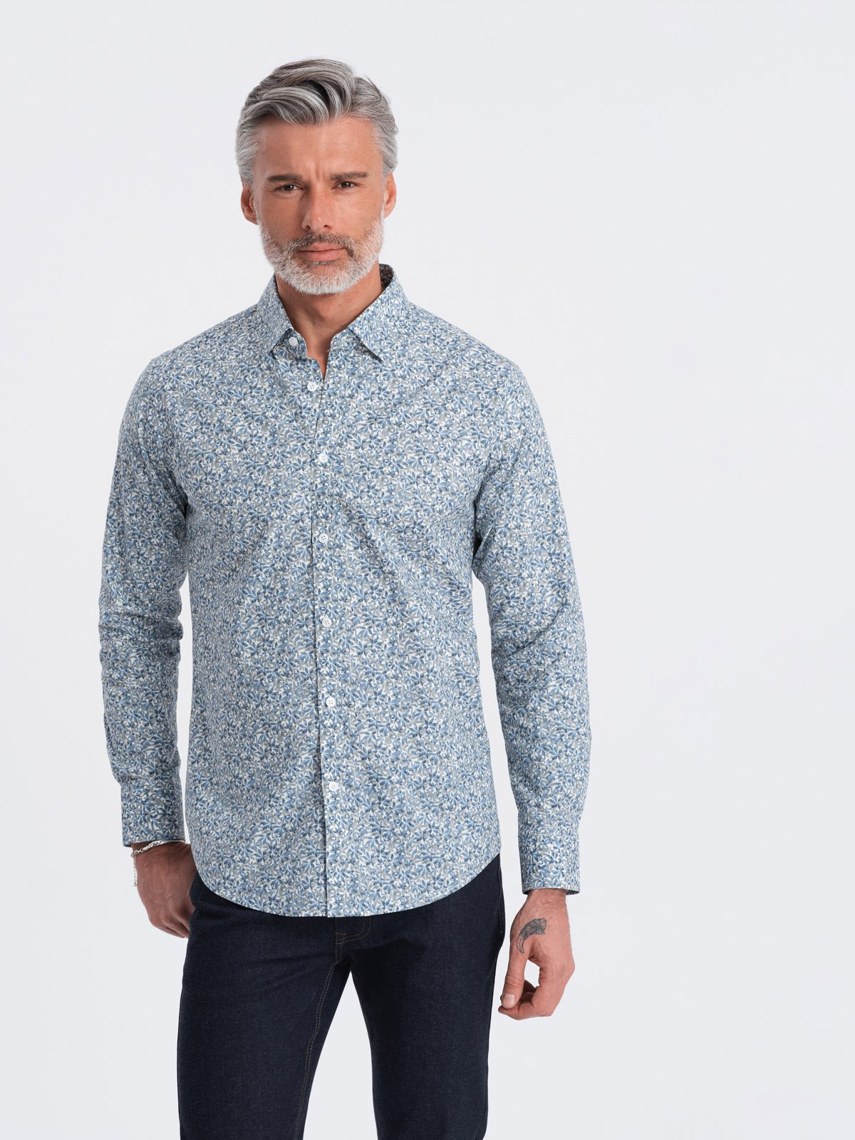 Ombre Men's SLIM FIT Shirt In Small Leaf Print - Light Blue