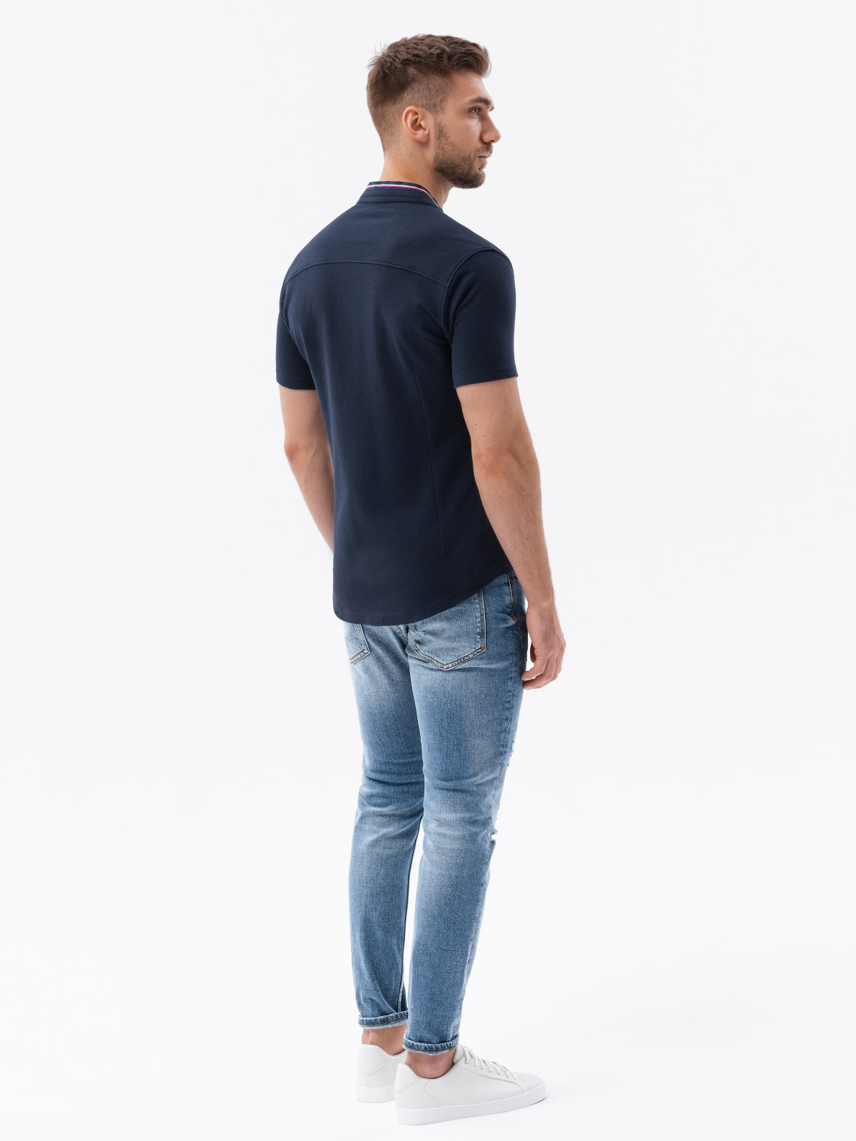 Ombre Men's knitted shirt with short sleeves and collared collar - navy blue