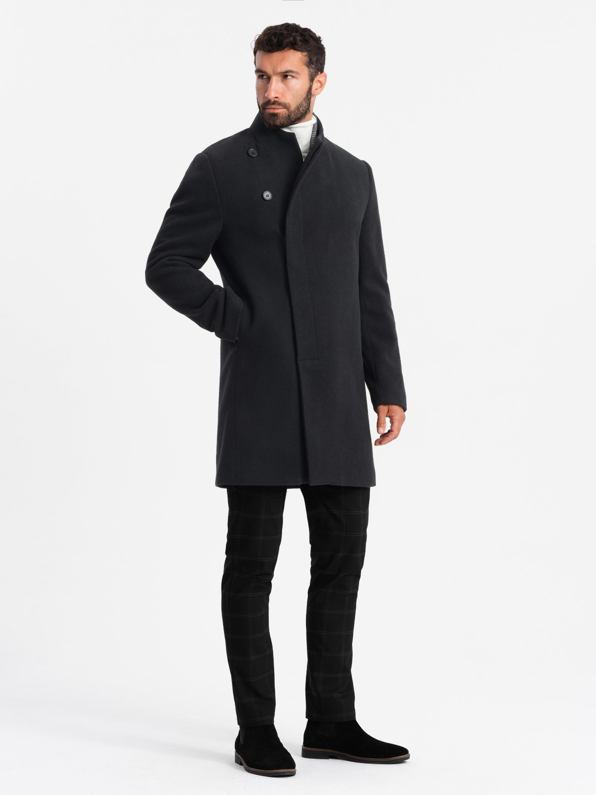 Ombre Men's coat with high collar and asymmetrical fastening - black
