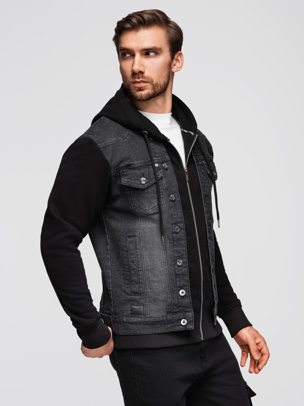 Ombre Men&#039;s denim jacket with knitted sleeves and hood - black