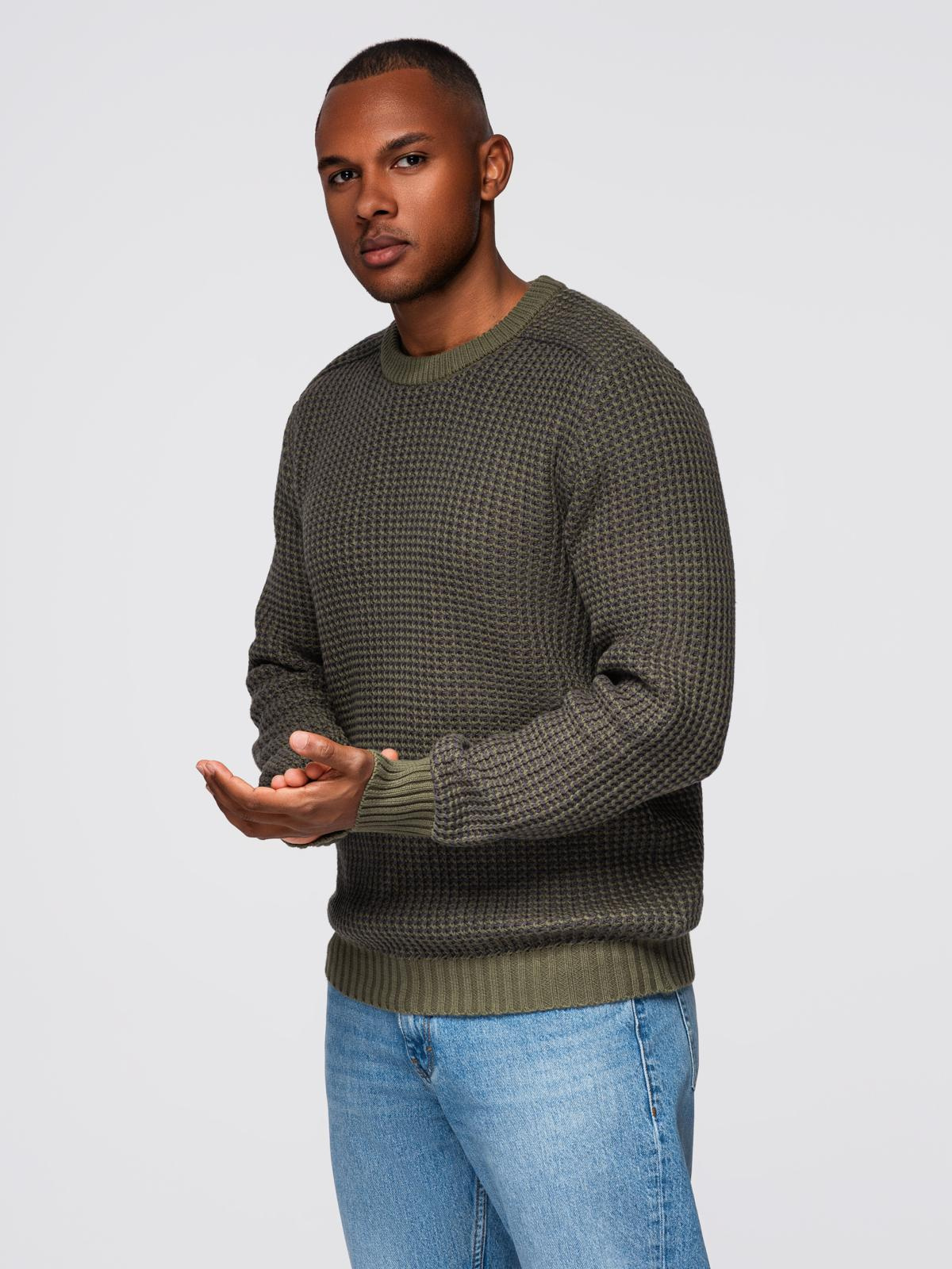 Ombre Men&#039;s contrast weave sweater with round neckline - dark olive