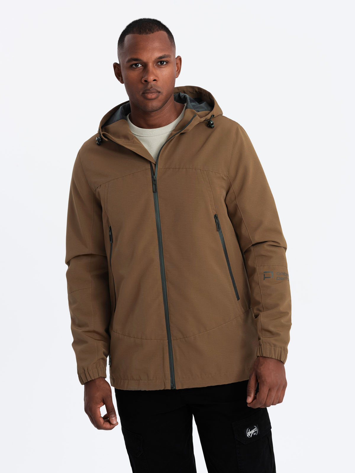 Ombre Men&#039;s lightweight storm jacket with hood - brown
