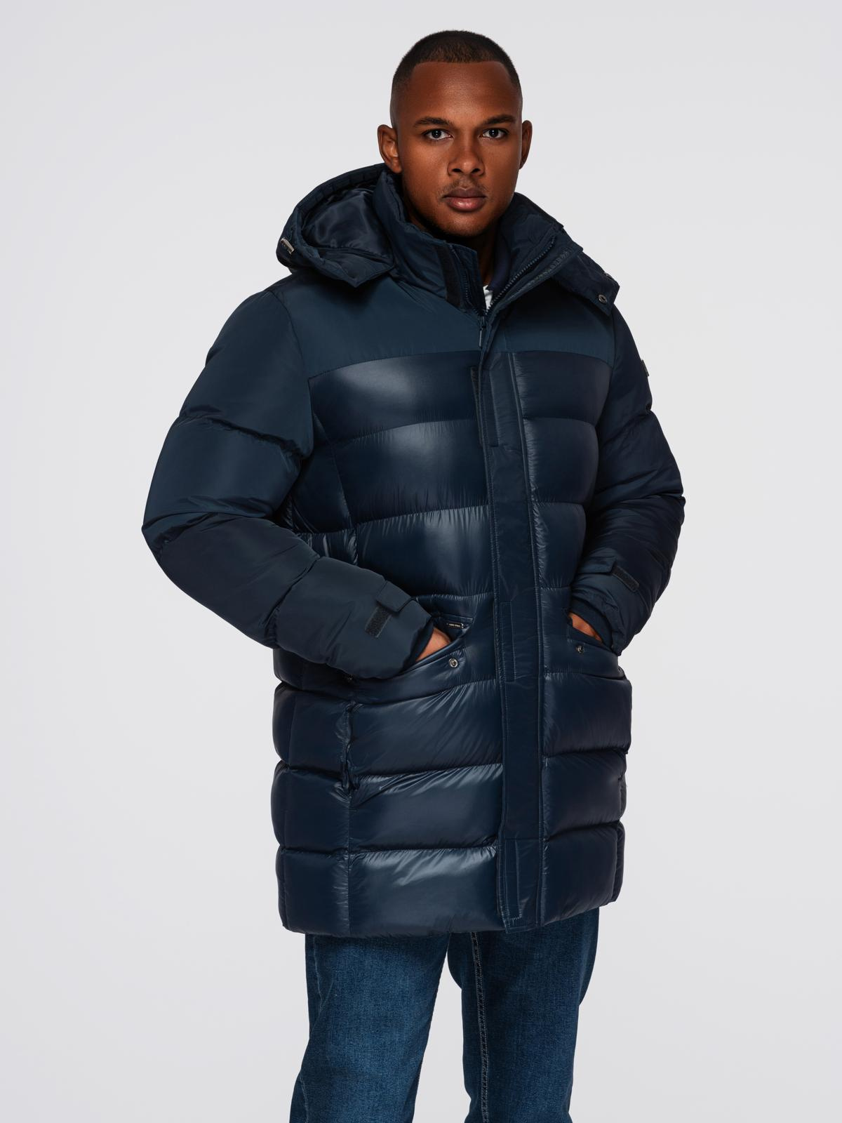 Ombre Men&#039;s quilted jacket with combined materials and hood - navy blue