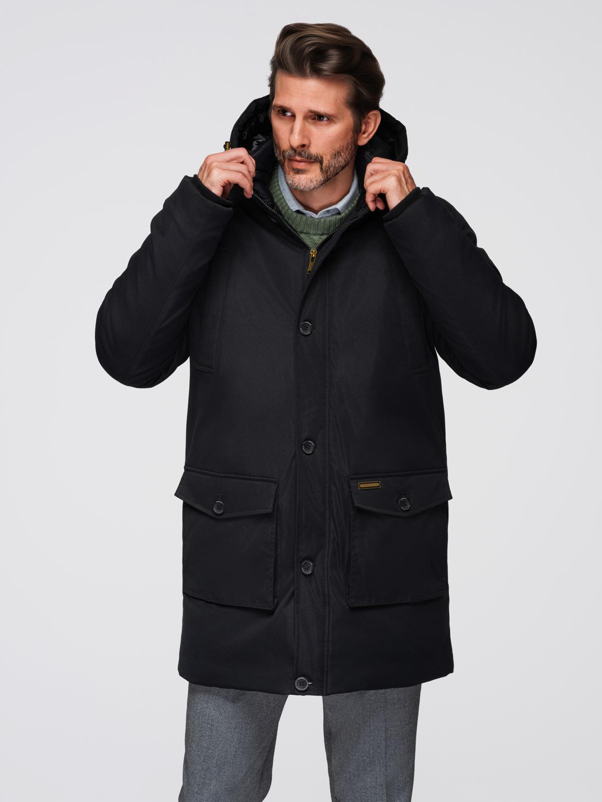 Ombre Elegant men&#039;s parka with cargo pockets and hood - black