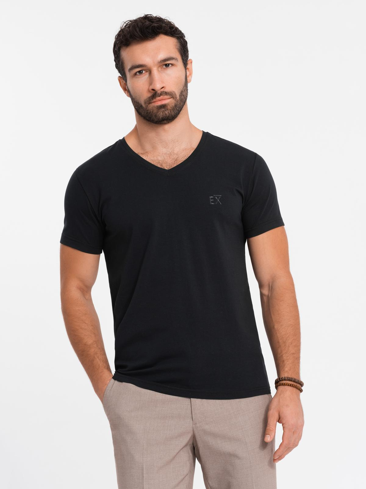 Ombre Mens V-neck SLIM FIT T-shirt with elastane and print - black