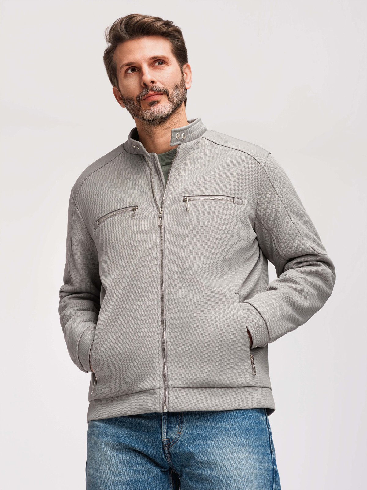Ombre Men's biker jacket with pockets and collar - grey