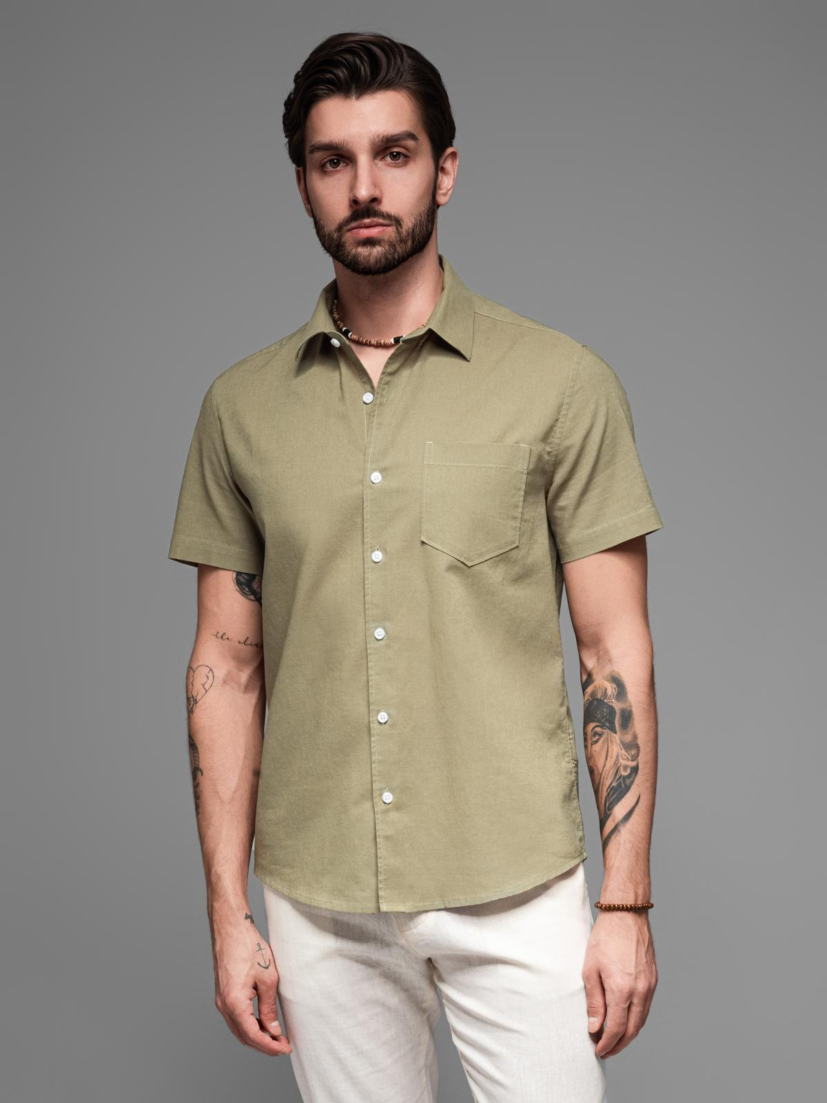 Ombre Men&#039;s short sleeve cotton and linen shirt with pocket - olive