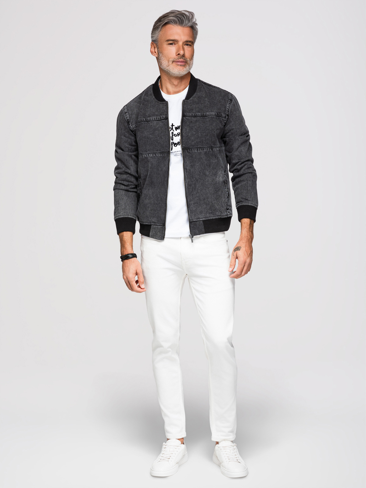 Ombre Men's denim bomber jacket with stone wash effect - black