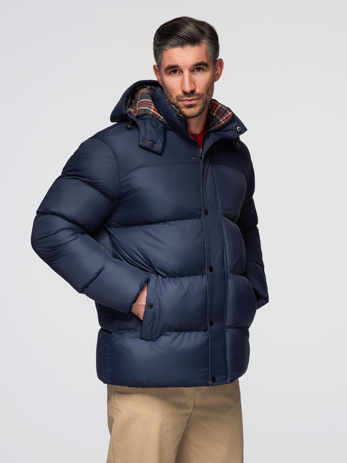 Ombre Men&#039;s puffer jacket with check lining - navy blue