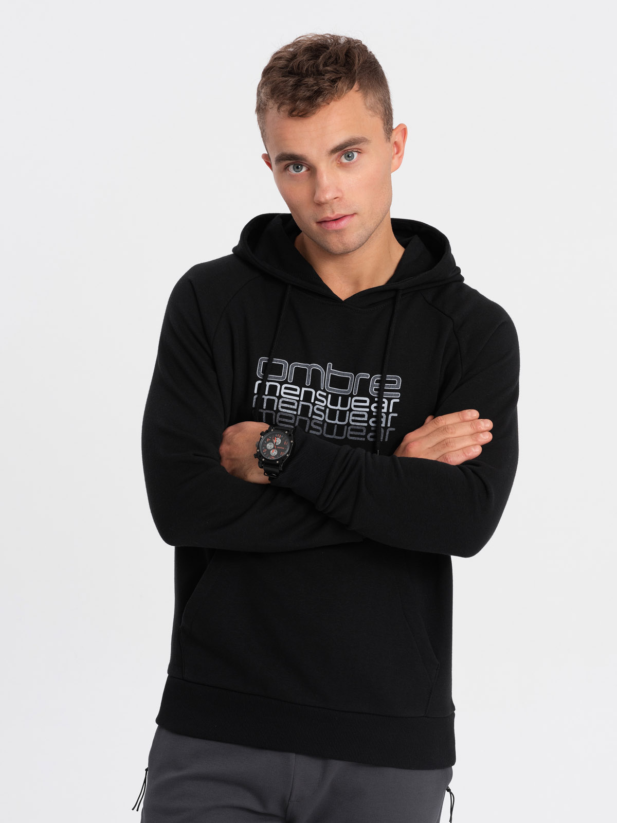 Ombre Men's non-stretch hooded sweatshirt with print - black