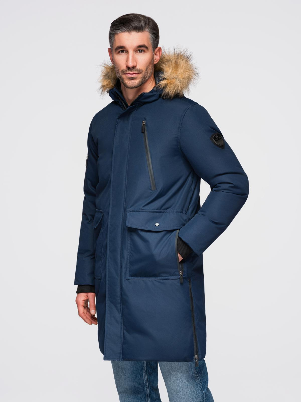 Ombre Alaskan men's winter jacket with detachable fur from the hood - navy blue