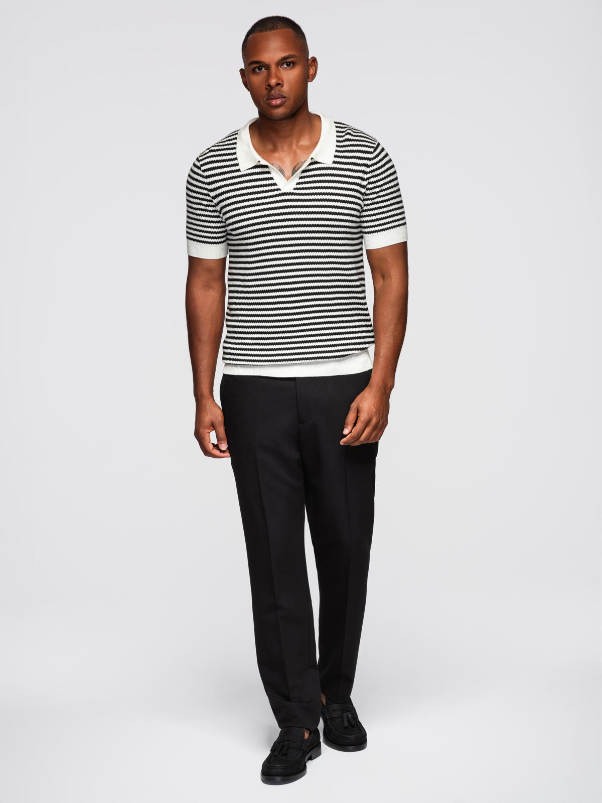 Ombre Men's knitted buttonless polo shirt with navy stripes - black and white