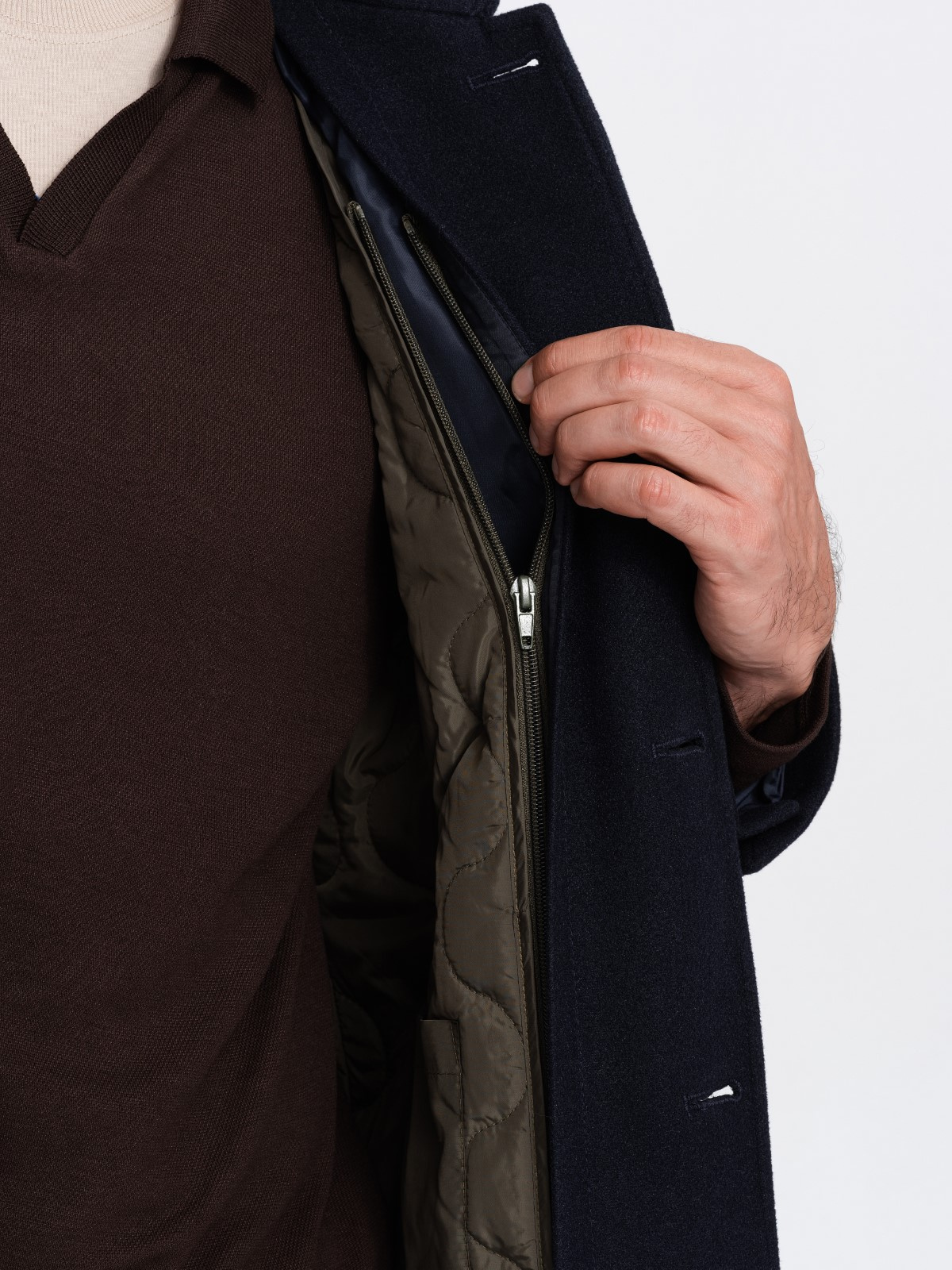 Ombre Men&#039;s long single-breasted coat with collar and undercoat - navy blue