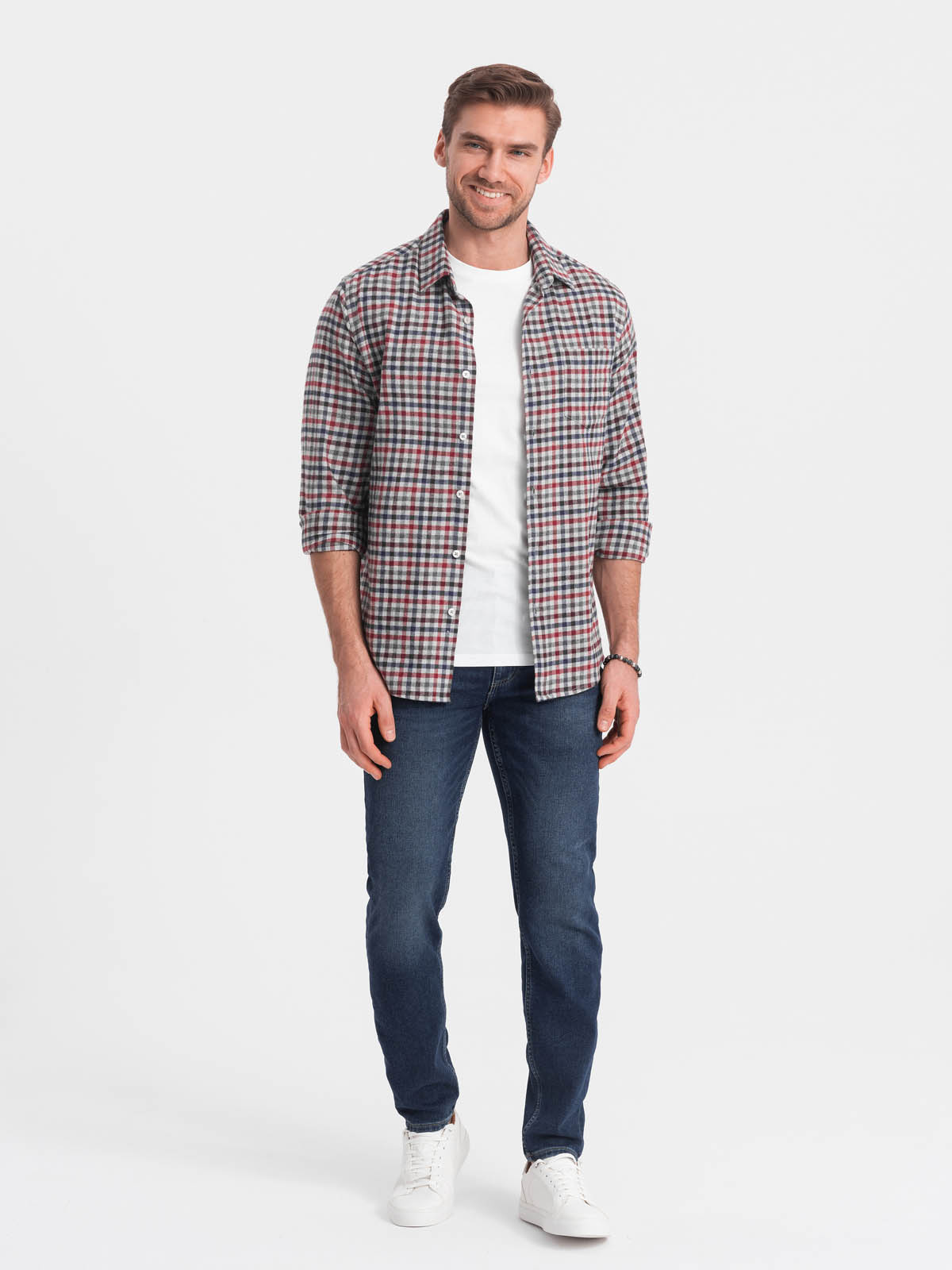 Ombre Men's checkered flannel shirt - navy blue and red