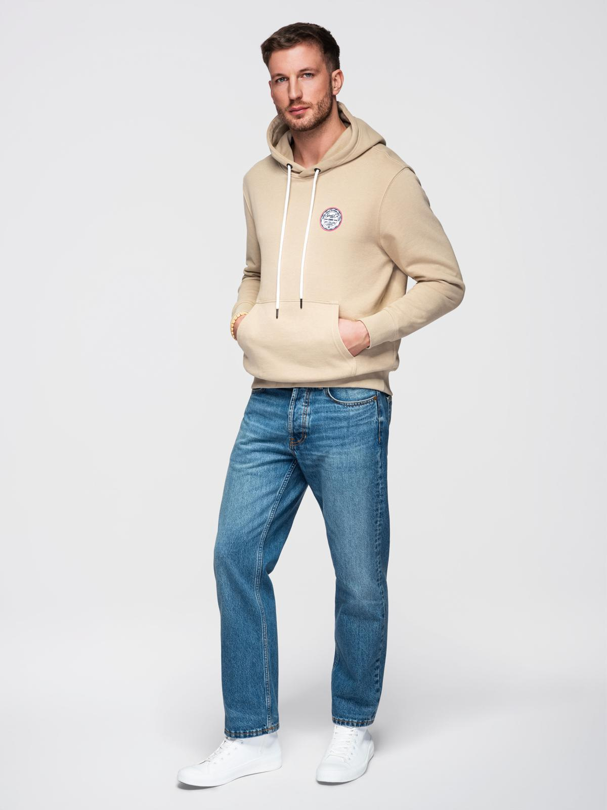 Ombre Men's kangaroo sweatshirt with hood and college style patch - sand