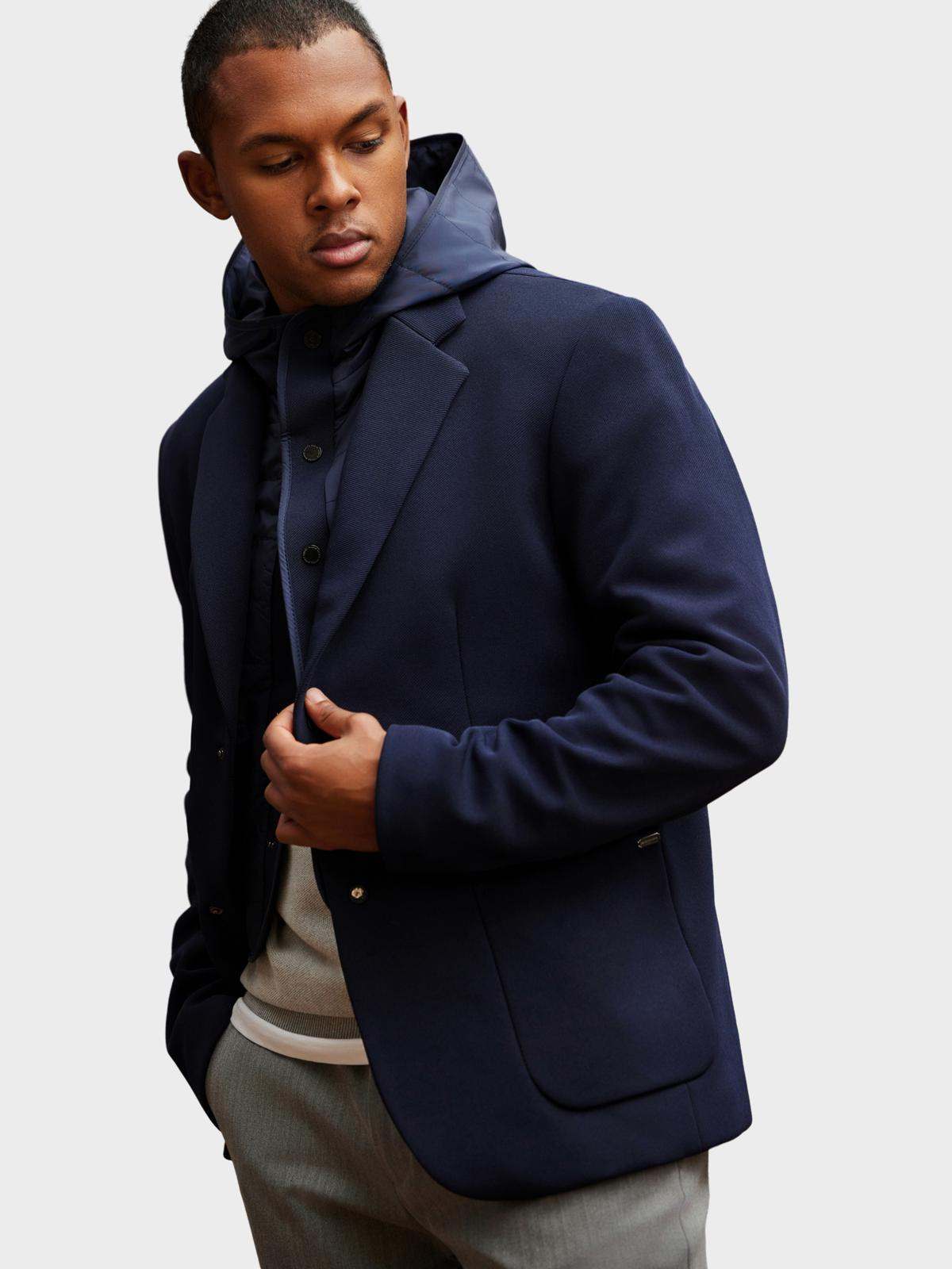 Ombre Men's jacket with hooded lining and high collar - navy blue