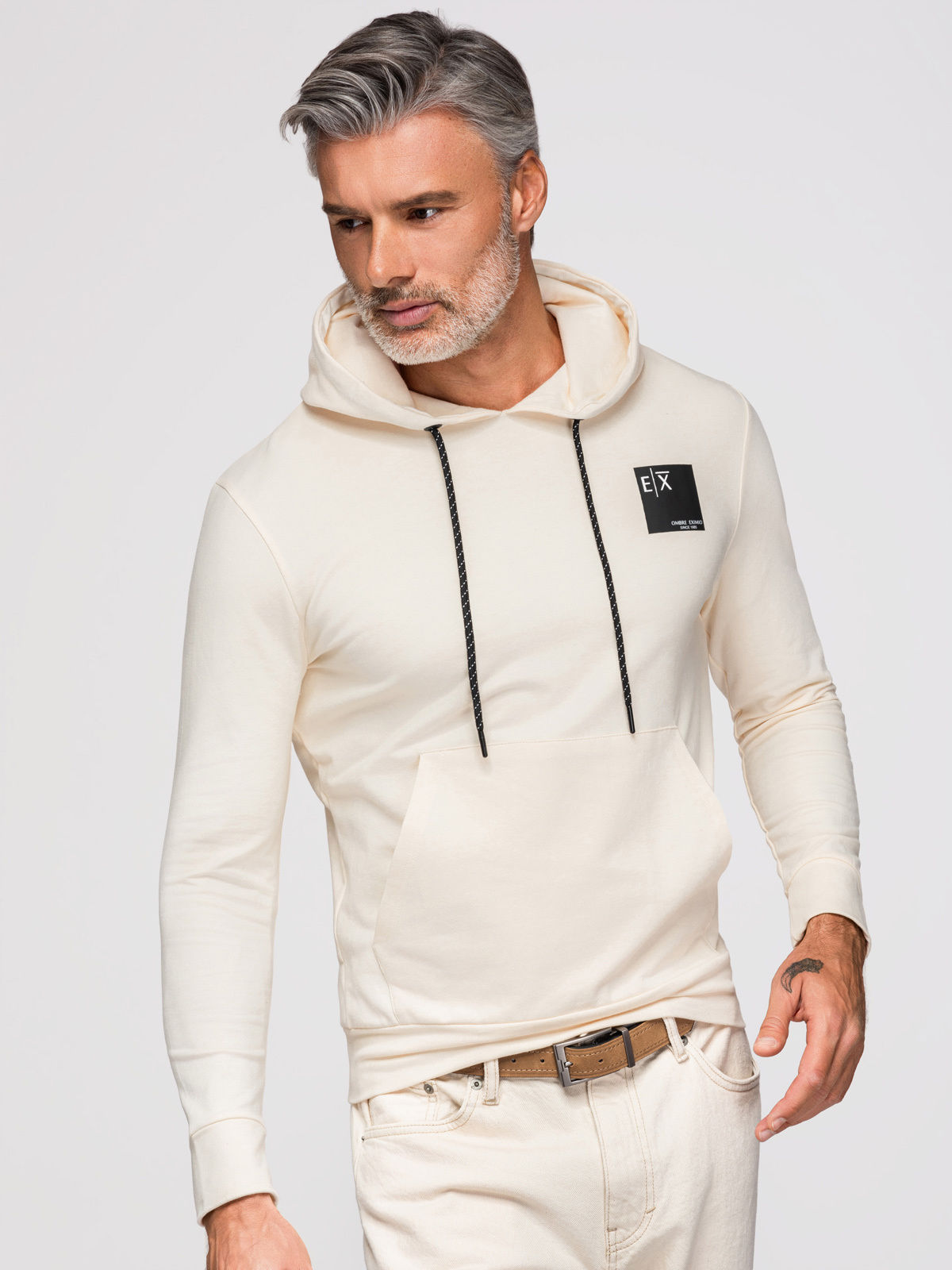 Ombre Men's kangaroo sweatshirt with hood and logo - cream