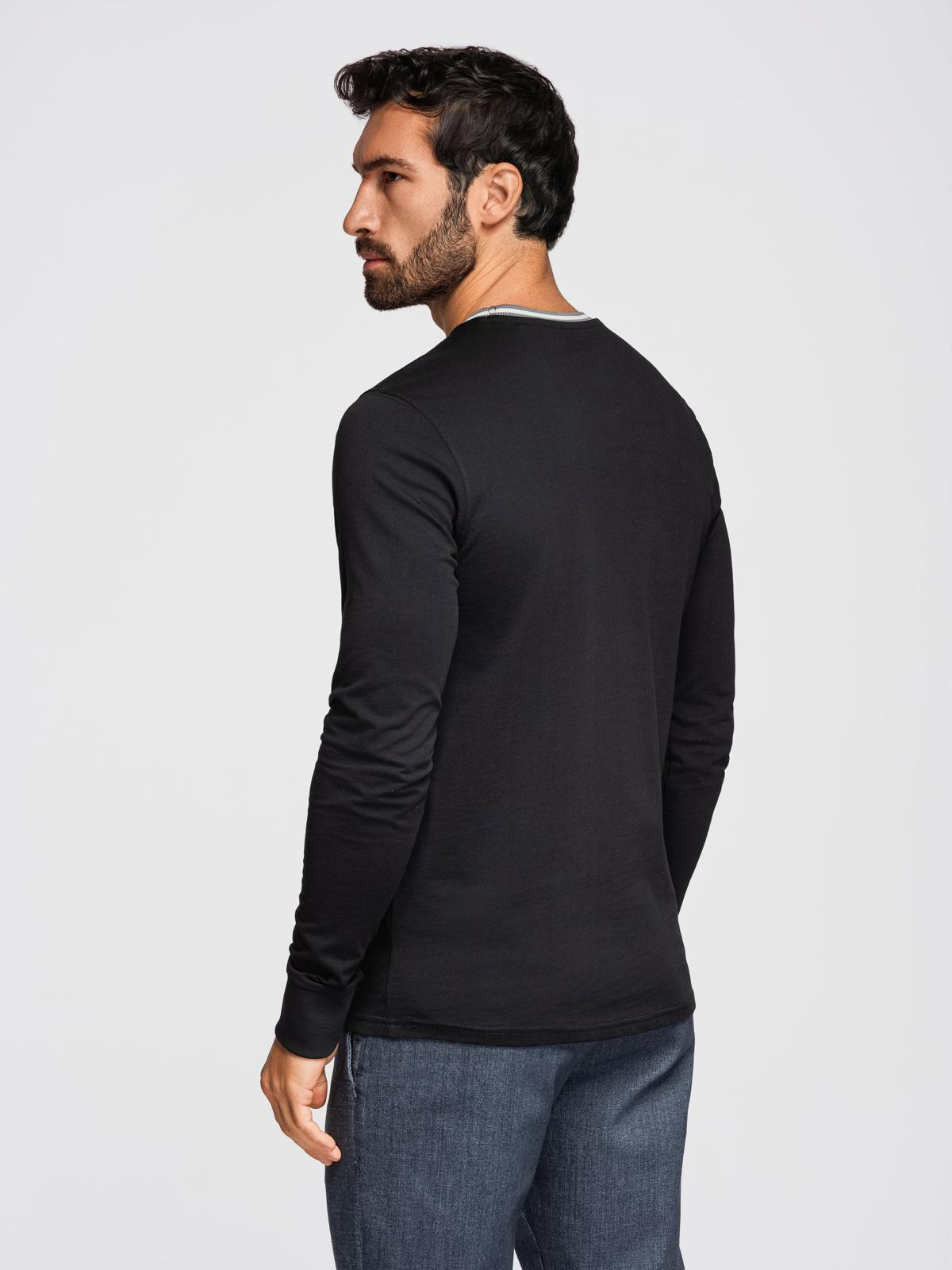 Ombre Men's cotton longsleeve with striped U neckline and embroidery - black