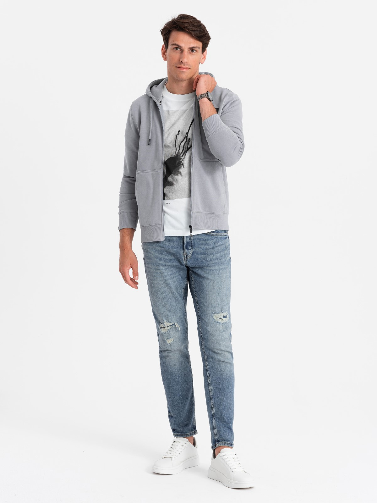 Ombre Men's unbuttoned sweatshirt with hood and patch - grey