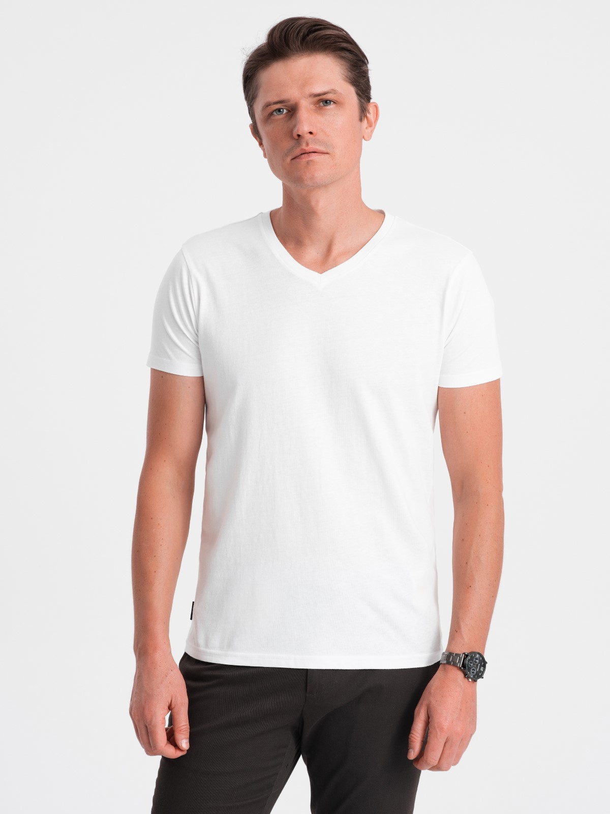 Levně Ombre BASIC men's classic cotton T-shirt with a crew neckline - white