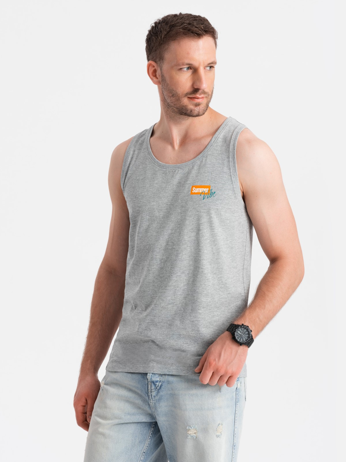 Ombre Summer Vibe printed men's cotton tank top - grey melange