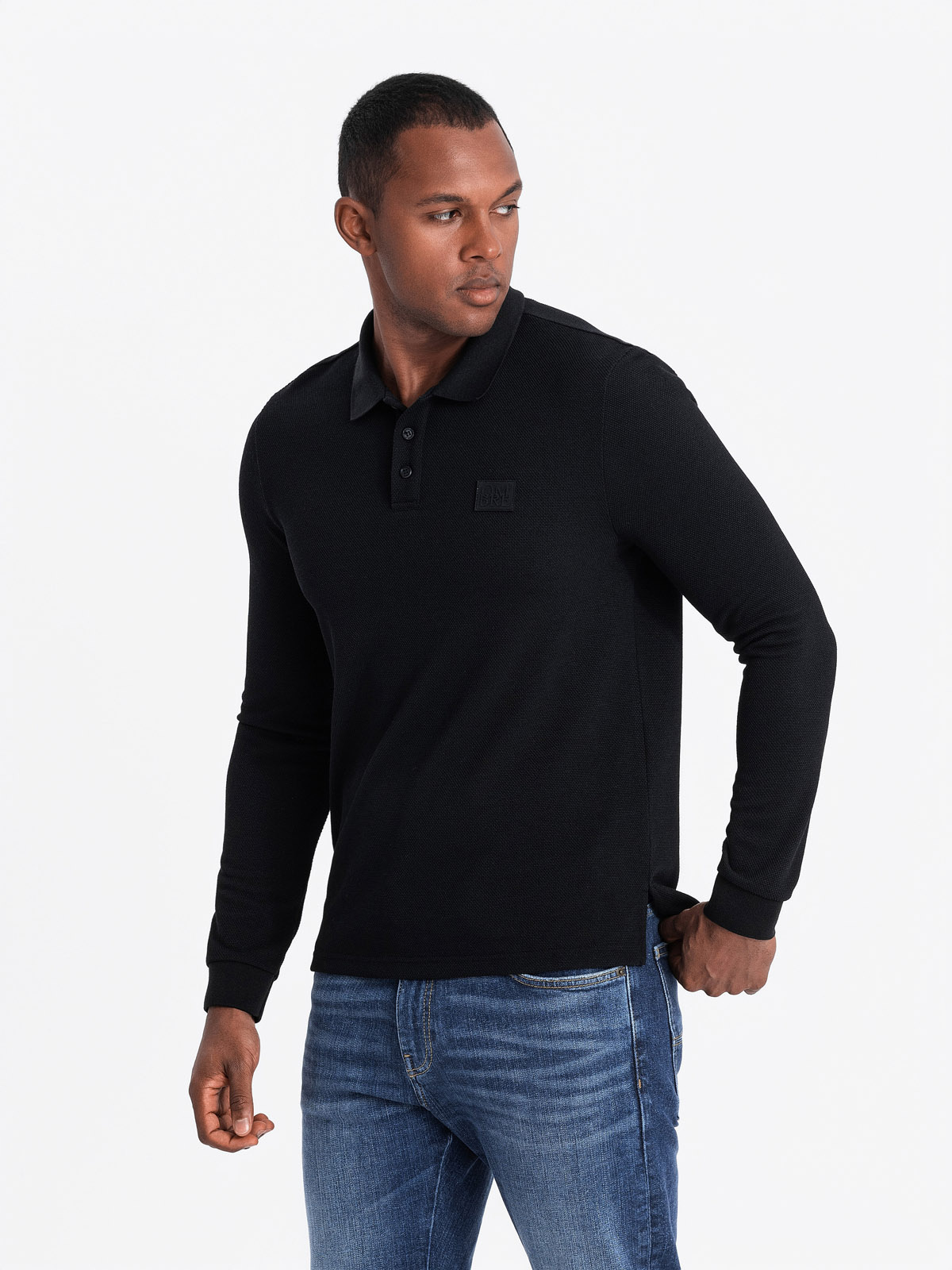 Ombre Structured Men's Polo Longsleeve With Patch - Black