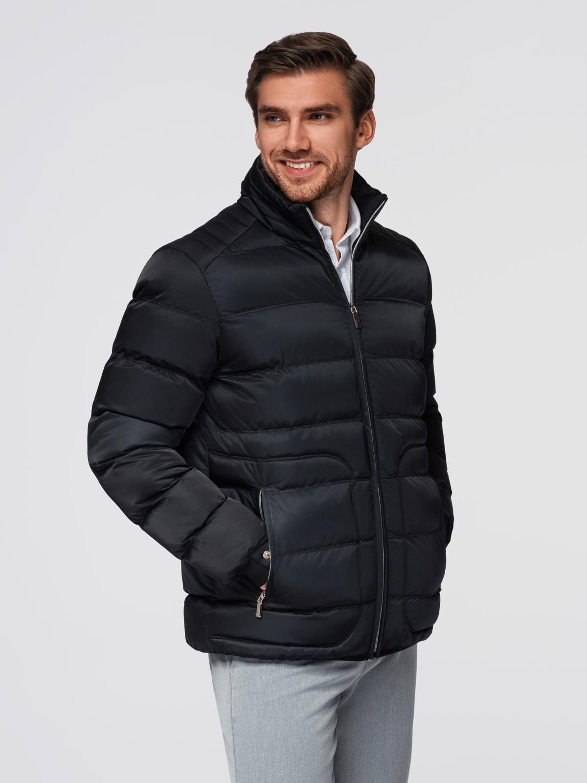 Ombre Men&#039;s quilted jacket with gloss and stand-up collar - black
