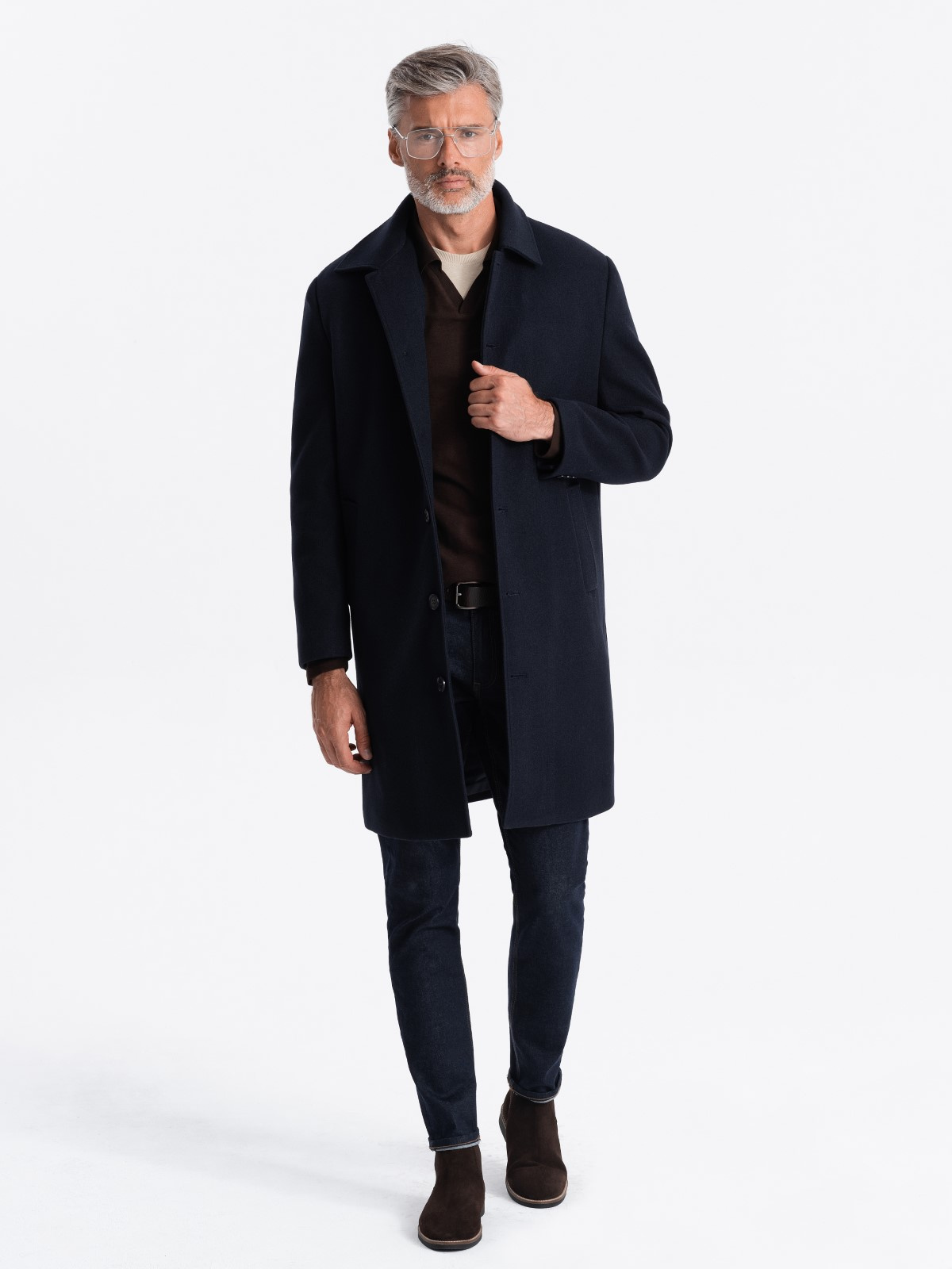 Ombre Men&#039;s long single-breasted coat with collar and undercoat - navy blue