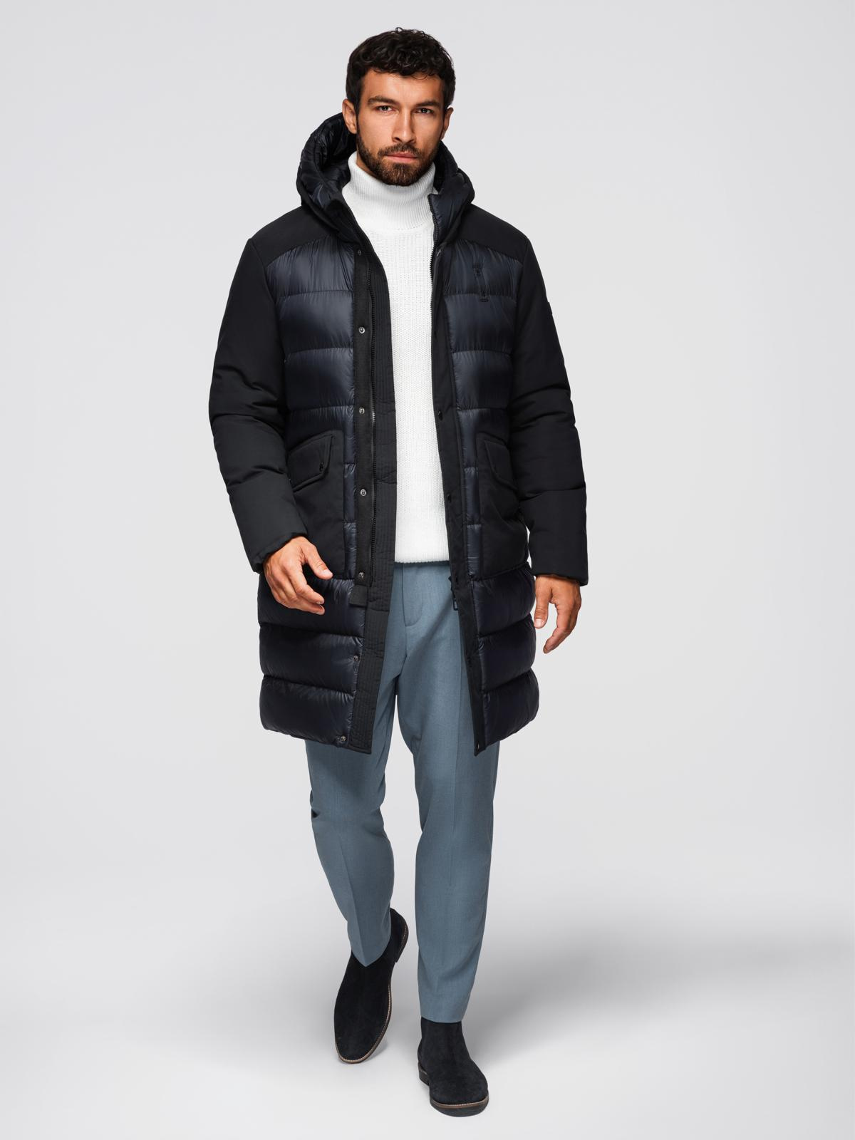 Ombre Men&#039;s long quilted jacket with large pockets - black