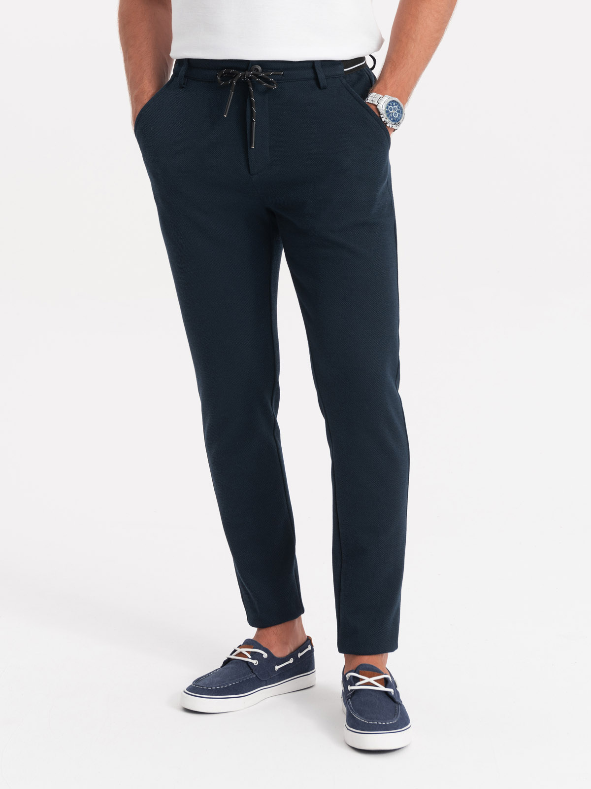 Ombre Men's knitted pants with elastic waistband - navy blue