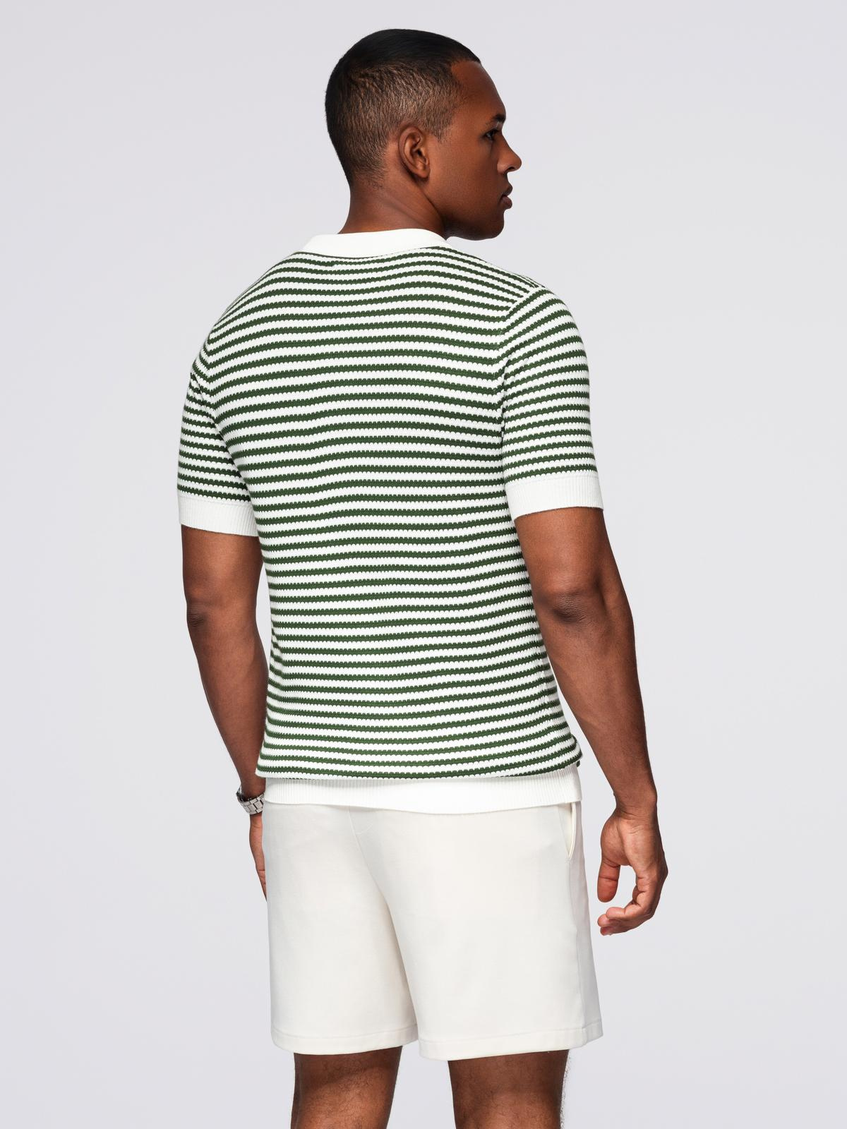 Ombre Men's knitted buttonless polo shirt with navy stripes - white and olive