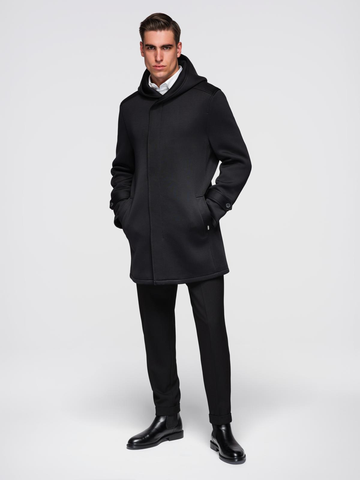 Ombre Men&#039;s minimalist medium length coat with hood - black