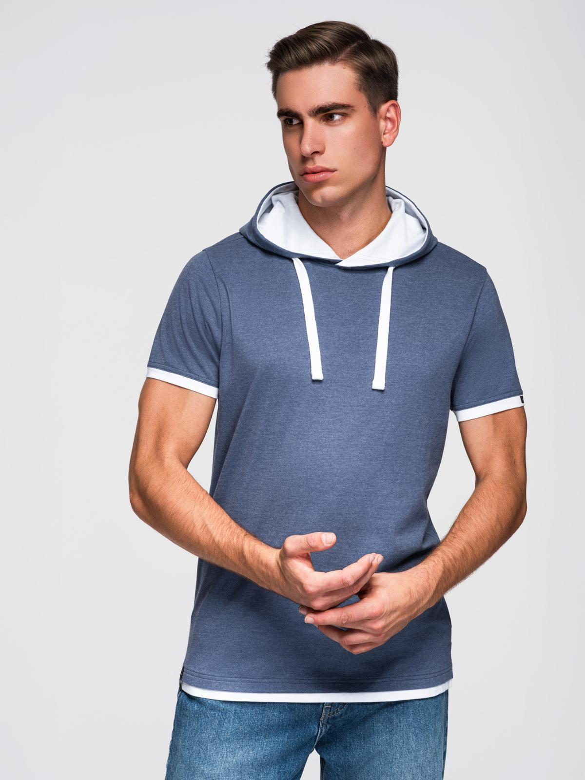 Ombre Men's hooded cotton t-shirt - dark blue melange