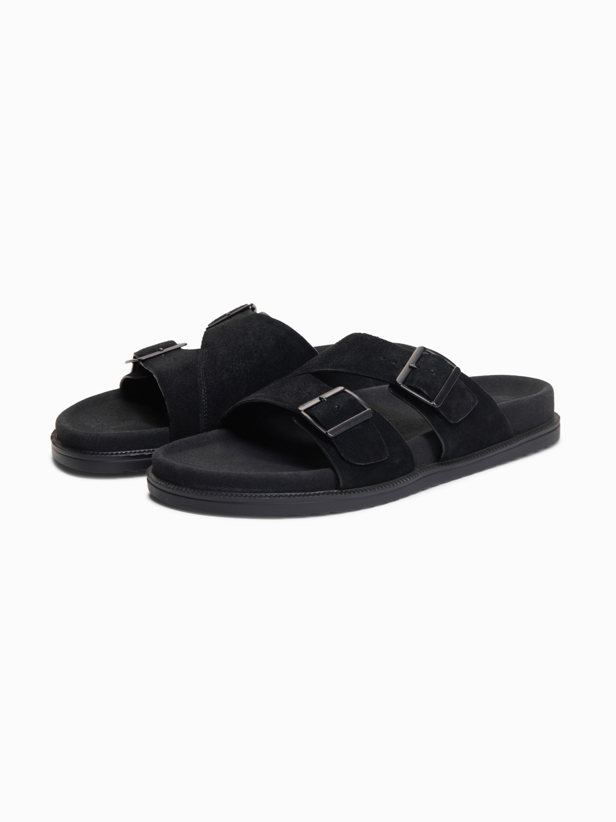 Ombre Men's natural suede flip-flops with adjustable buckles - black