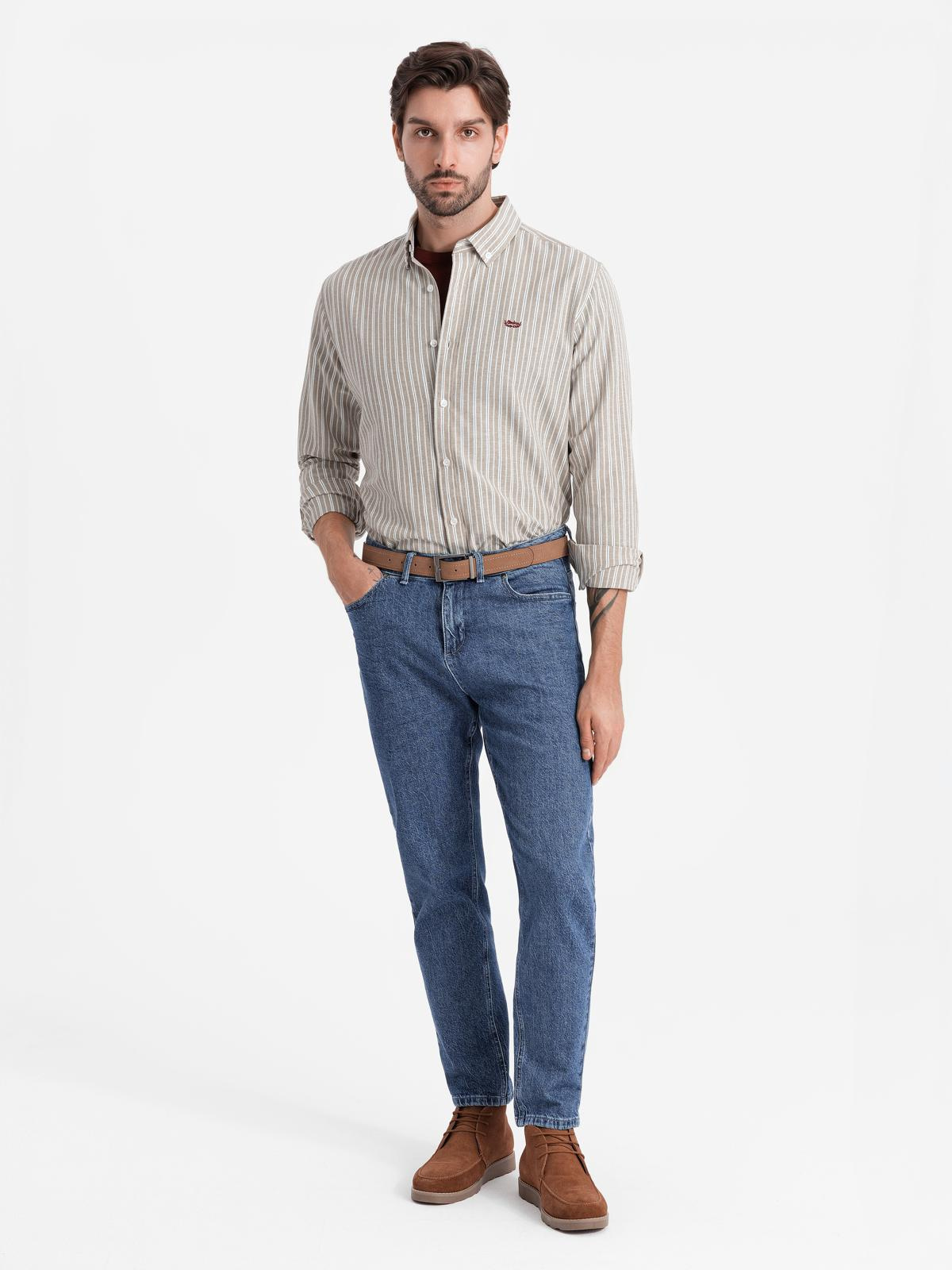 Ombre Men&#039;s cotton REGULAR FIT shirt with fine stripes - beige