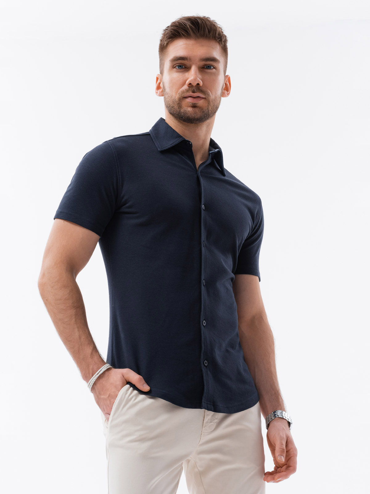 Ombre Men's slim fit knit shirt with short sleeves and collar - navy blue