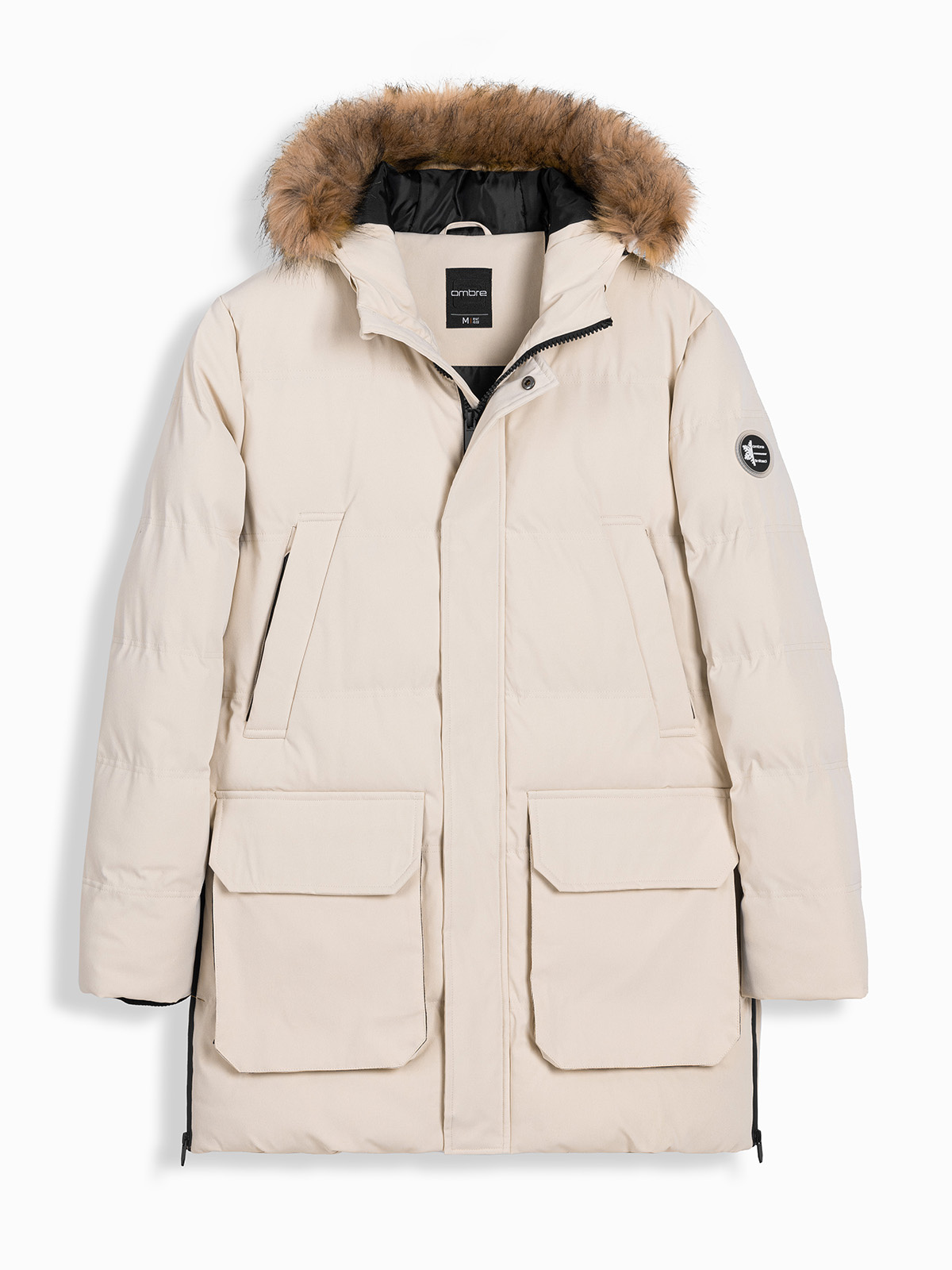 Ombre Men's long parka jacket with flared bottom - cream