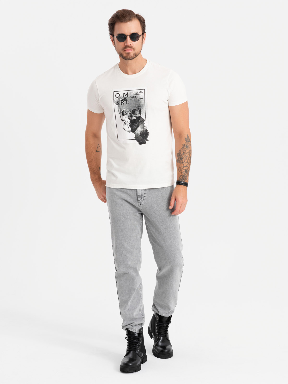 Ombre Men's cotton t-shirt with skull - white