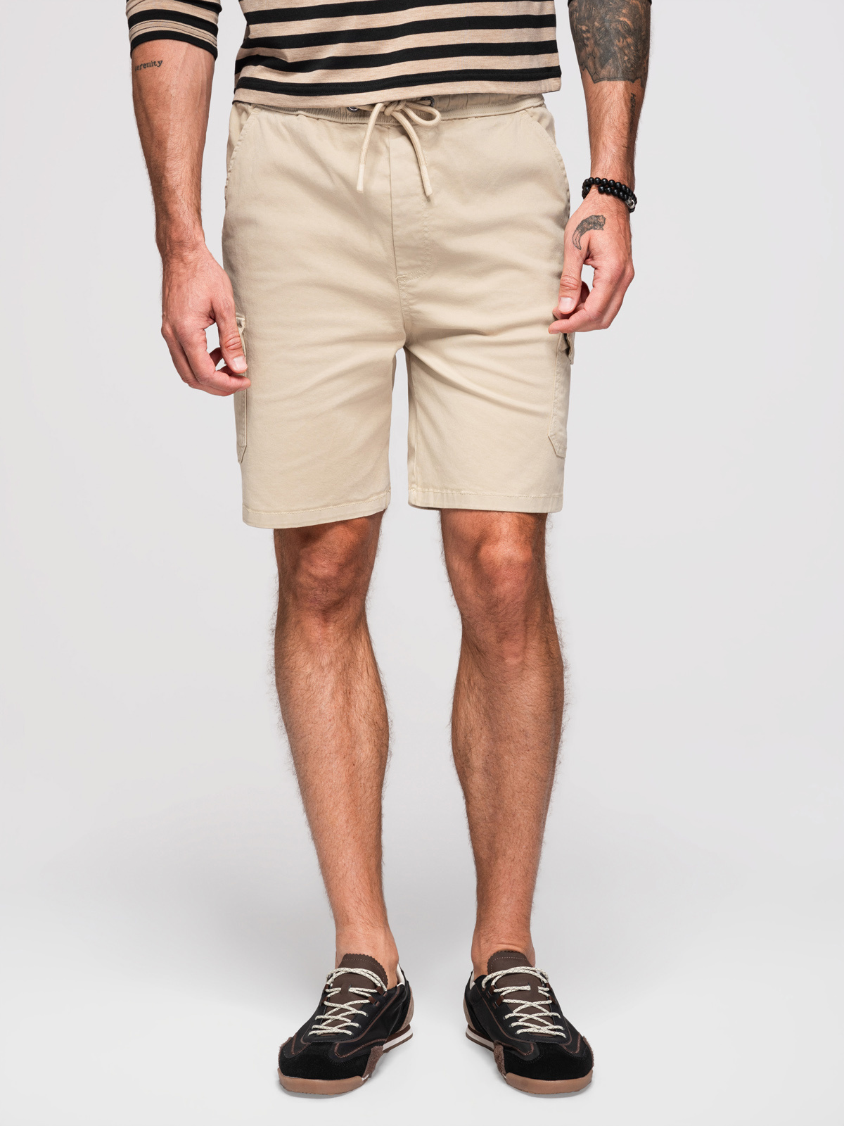 Ombre Men's cotton cargo shorts with elastic waistband - beige