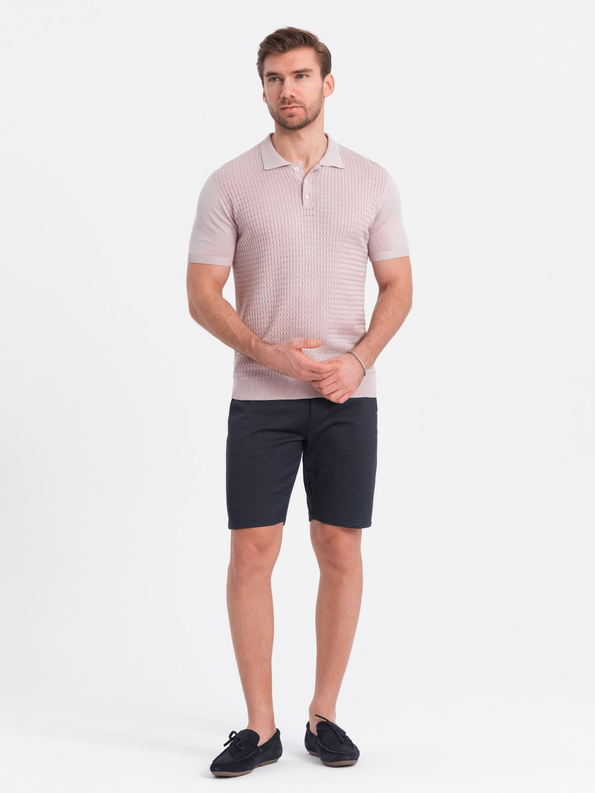 Ombre Men&#039;s structured knit shorts with chino pockets - navy blue