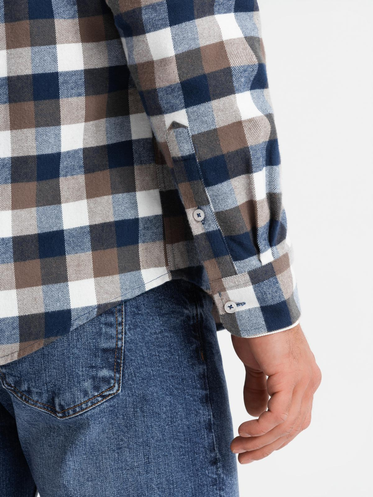 Ombre Classic men's flannel check cotton shirt - brown and navy blue