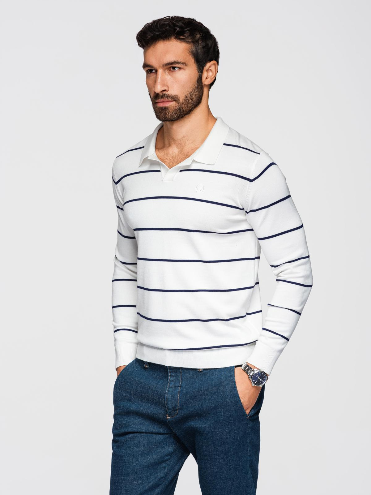 Ombre Men's horizontal striped polo longsleeve with viscose - white and navy blue
